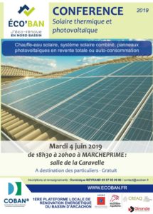 Affiche Conférence publique Solaire thermique et photovoltaïque à Marcheprime - 4 juin 2019