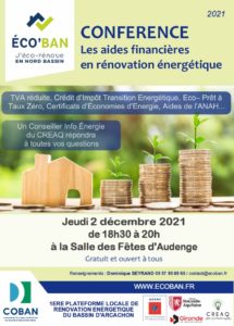 Conférence publique Aides financières rénovation énergétique 2 décembre 2021 Audenge